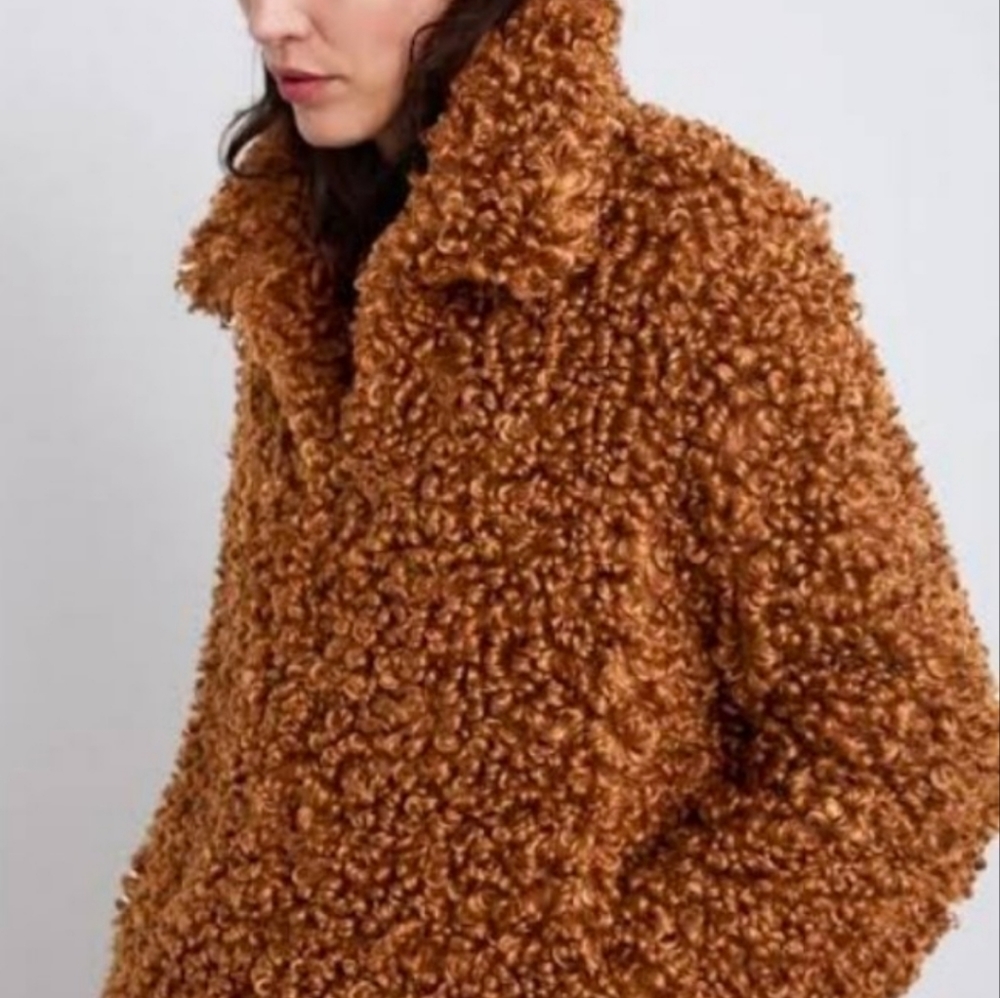 ZARA | Faux Fur Curly Sherpa Brown Lapel Jacket | Women's Small - Picture 15 of 15